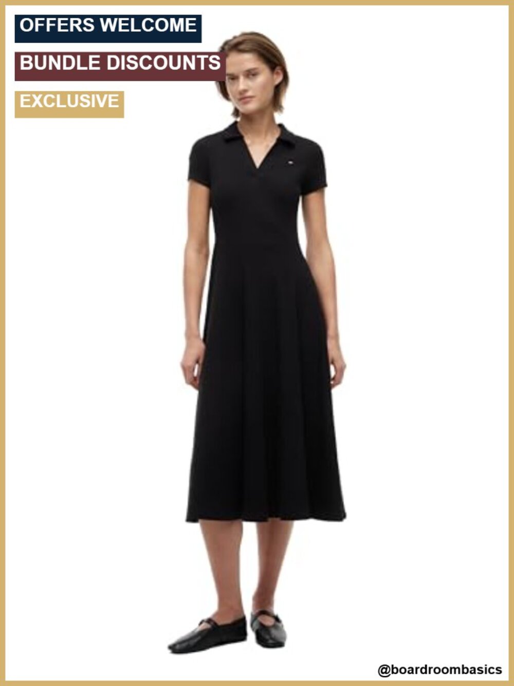 Tommy Jeans Women's Ribbed Fit & Flare Polo Dress V-Neck Cotton Stretch Midi